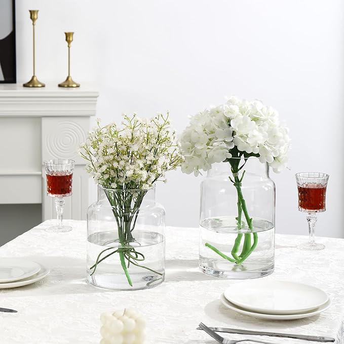 Large Glass Vase, Clear Glass Vase Set of 2, Large Flower Vases for Bouquet, Tall Wide Mouth Vases for Flowers, Home, Wedding, Living Room, Office Decor, 7"+9"