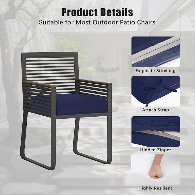 Favoyard Outdoor Chair Cushion 16 x 17 x 3 Inch Rainproof & 3-Year Fade Resistant Patio Furniture Cushions with Removable Cover and Adjustable Ties for Garden Sofa Couch Pads Set of 2, Blue