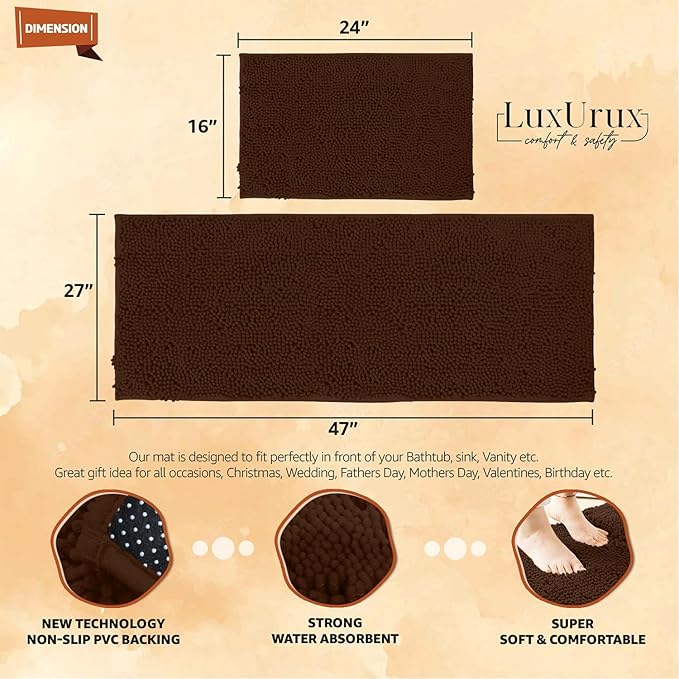 LuxUrux 2-Piece Bathroom Rug Set – Ultra-Plush Chenille Mats, Includes Runner Rug, Soft, Absorbent, Non-Slip & Stylish (27x47 & 16x24 inches, Brown)