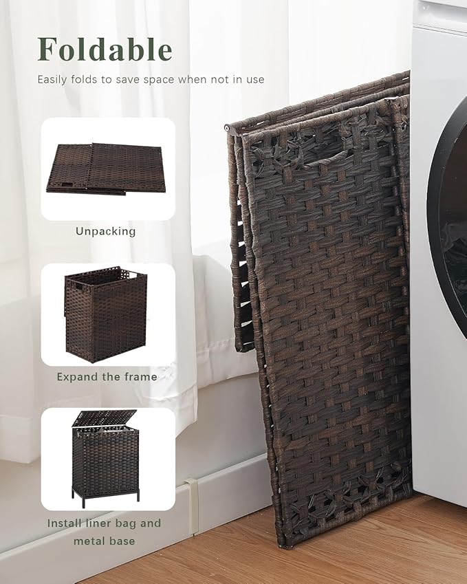 Laundry Hamper with Lid, 112 L Handwoven Rattan Wicker Laundry Basket, 2 Removable Liner Bags Metal Heightened Feet, 6 Mesh Bags, 2 Section Large Clothes Hamper for Bathroom Bedroom, Brown