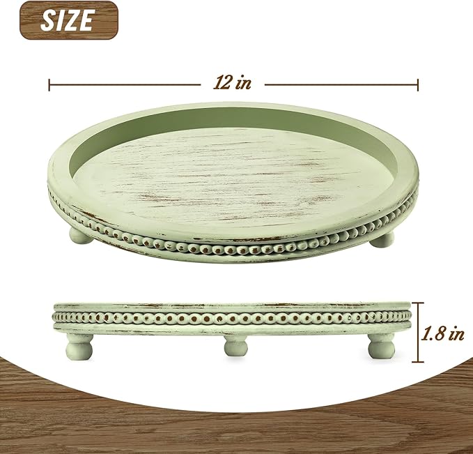 KULEDM Handmade Wooden Decorative Tray, Small Beaded Coffee Table Tray Decor, Sage Round Serving Tray for Coffee Table, Dining Room Table Entryway and Living Room Table