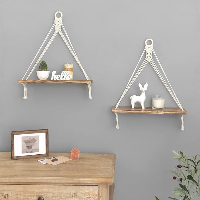 Mkono 4 Pcs/Set Macrame Hanging Shelves Boho Wall Decor and Makeup Brush Holder Organizer Mini Storage Baskets