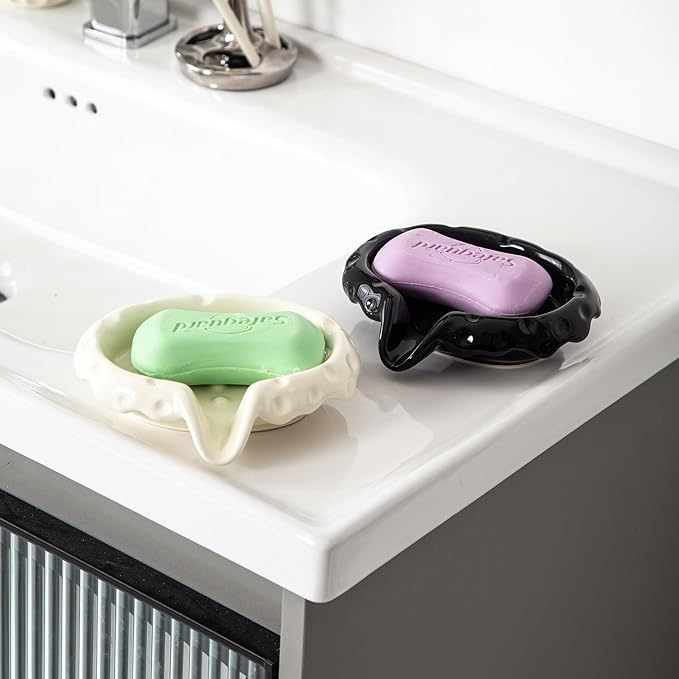 Ceramic Soap Dishes with Drain Spout, Modern Bathroom Countertop Soap Holder, Porcelain Soap Tray for Sink, Black.