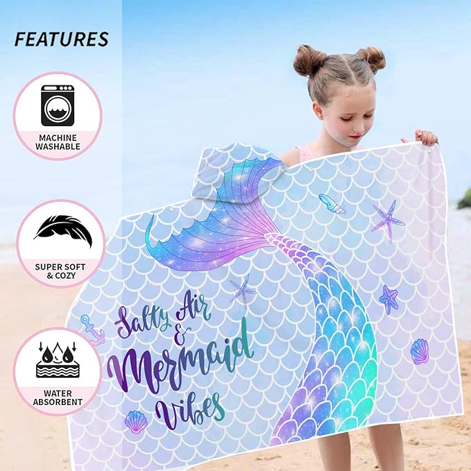 Mermaid Kids Hooded Beach Towel, Mermaid Tail Microfiber Hooded Poncho Towel for Girls 30?x50?? Mermaid Scales Pink Soft Absorbent Bath Towels Bathrobe with Hood for Swin Pool