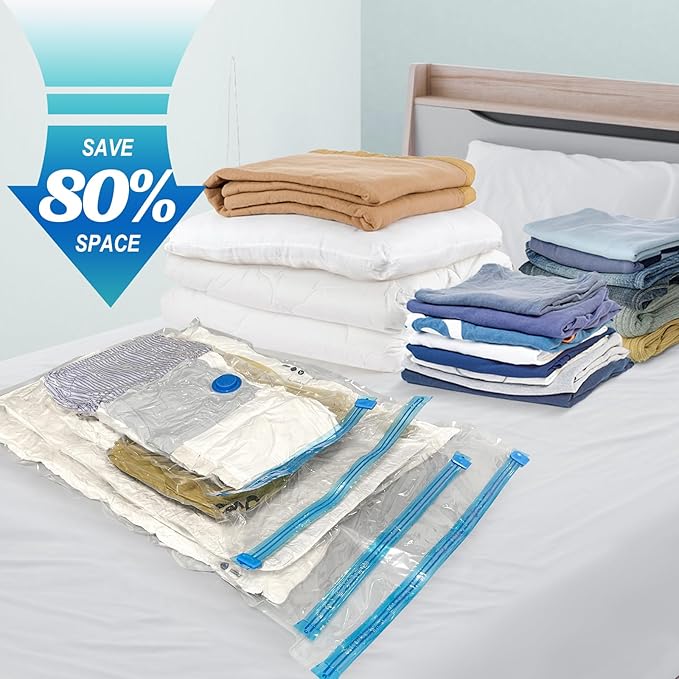 10 Pack Small Vacuum Storage Bags with Hand Pump, Plastic Packaging Bags, 80% Space Saver Vacuum Seal Bags for Clothing, Travel Lugggage, Blankets, Comforters