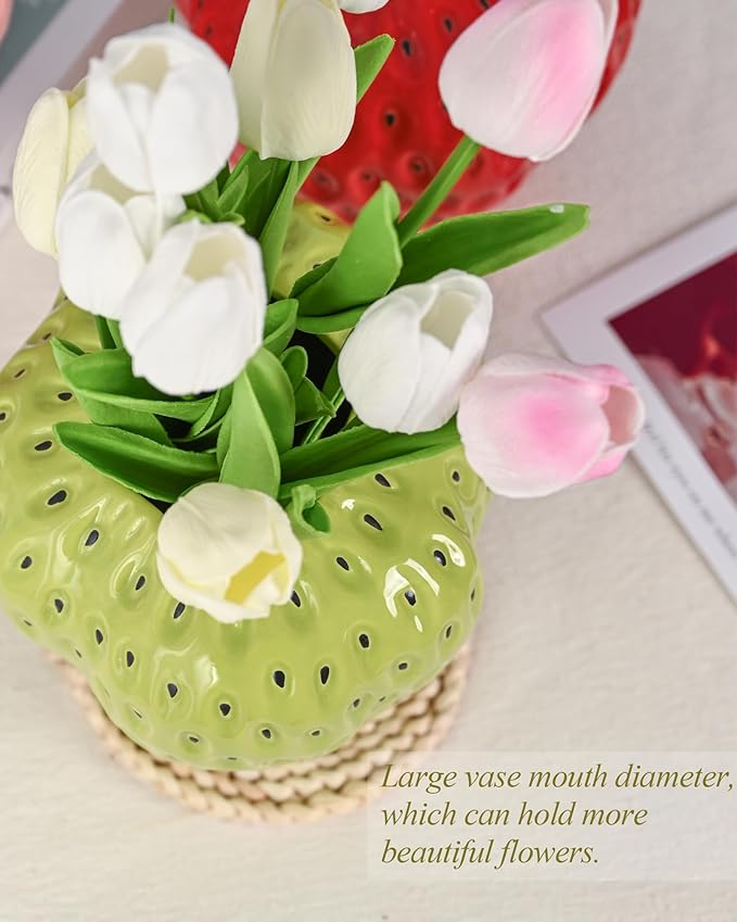 DN DECONATION Green Strawberry Vase, Ceramic Strawberry Vases for Lego Flowers, Decorative Cute Vases Cool Vase for Strawberry Party Home Decor