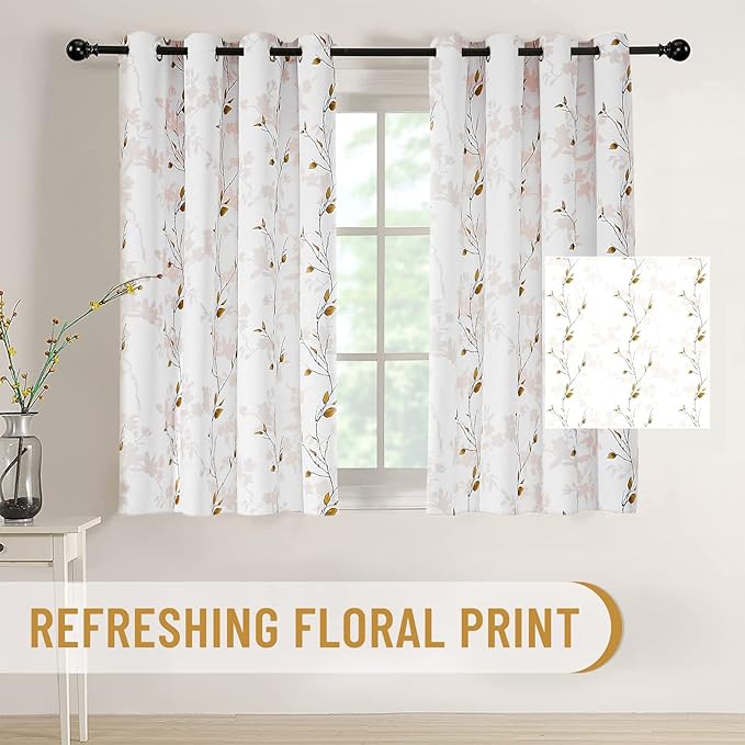 Joydeco Floral Curtains 63 Inches Long for Bedroom 2 Panels, Room Darkening Curtains Patterned Panels for Living Room with Grommet, 80% Blackout Leaf Printed Drapes(Leaf Brown-63)