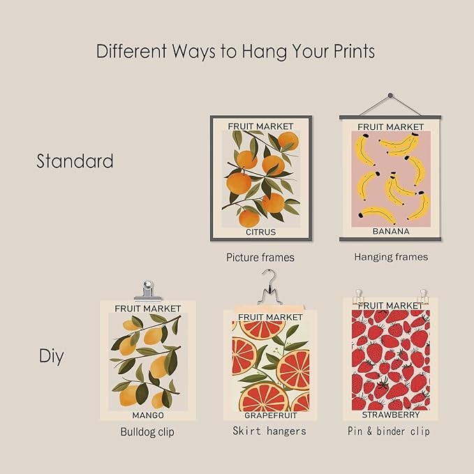 KBKBART Fruit Market Wall Art Print Set of 9, Abstract Colorful Posters, Prints Lemon Orange Banana Strawberry Mango Grapefruit Kitchen Gallery Decor, Canvas Paintings for Dining Room,