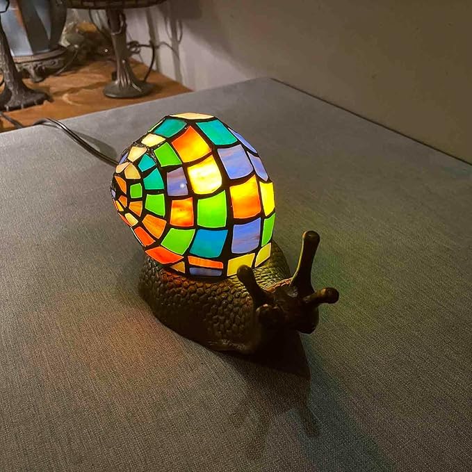 Bieye L13003 Land Snail Tiffany Style Stained Glass Accent Table Lamp for Home Decoration (Multicolor, 10" D x 5" W x 5" H)