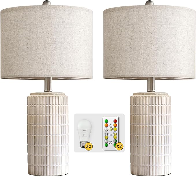 PoKat 23'' Ceramic Cordless Table Lamps, Remote Control Battery Operated Rechargeable Lamps Decor, Stepless Dimming Bedside Lamps, Modern Lamps for Living Bedroom Nightstands Garden Dinning Kitchen