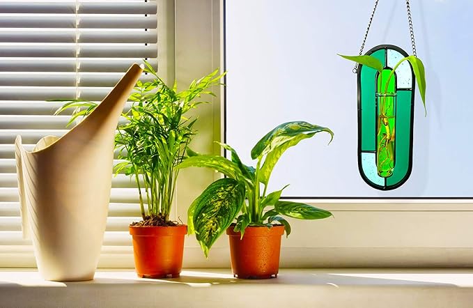 LITMIND Stained Glass Plant Propagation Station, Hanging Hydroponic Planter Terrarium with 2 Glass Tubes - Perfect for Home & Garden Décor