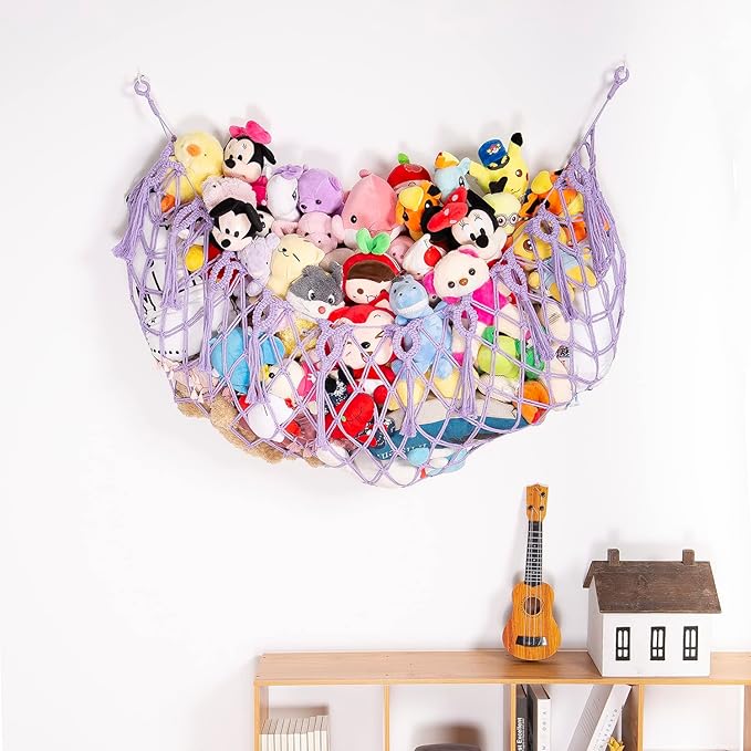 Stuffed Animal Net or Hammock Wall Hanging Net for Stuffed Animal Storage Macrame Toy Display Plush Toy Holder Soft Toy organizer for Nurery Baby Bedroom Playroom-Purple