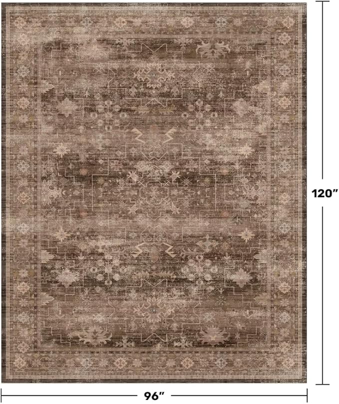Boho Taupe Brown Living Room Rug 8x10 - Modern Vintage Traditional Eclectic Oriental Neutral, Washable Low Pile Non-Slip Extra Large Area Rugs for Dining Under Table Bedroom Lounge