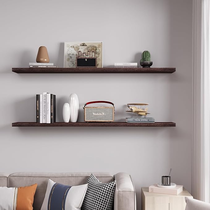 Floating Shelves 48 Inch Wall Shelf Solid Wood Mounted Storage for Bedroom Living Room Set of 2, Rustic Brown Wall Shelves