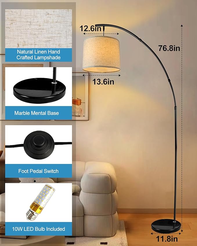 Lightdot Arc Floor Lamps for Living Room, Modern Standing Lamp with Hanging Drum Shade, Tall Standing Floor Lamp with Foot Switch, Over Couch Arched Reading Light for Bedroom, Office (Black)