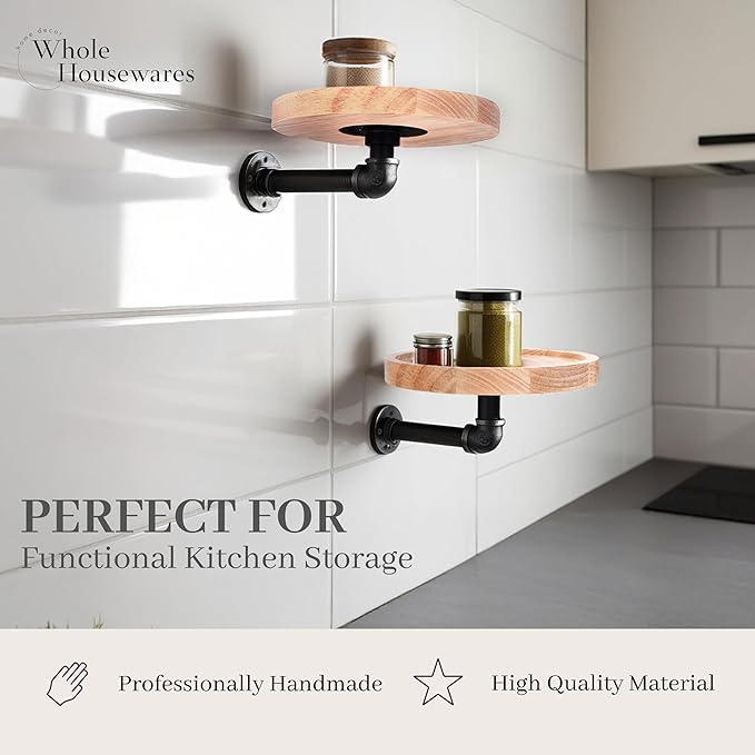WHOLE HOUSEWARES Pipe Shelf with Round Floating Shelves - Set of 2 | Rustic Industrial Style with Metal Pipe Brackets | 7.1 x 3.3 Inches | Stylish Wall-Mounted Storage for Home Decor
