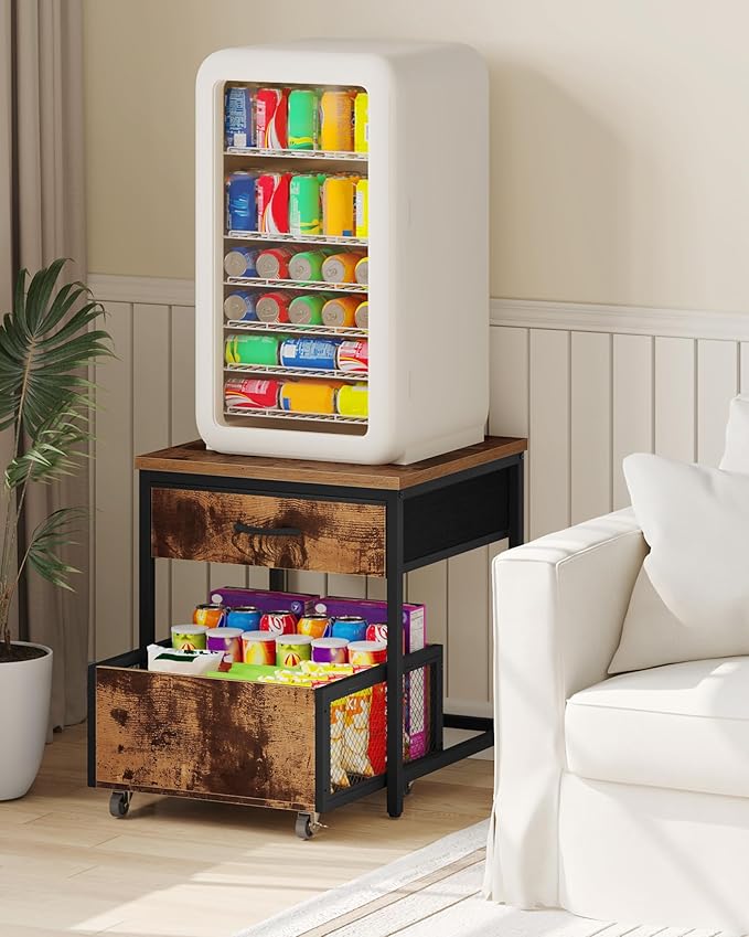 End Table, 19.7 Inch Square Side Table, Mini Fridge Stand with Storage, Nightstand with Mobile Basket Cart, for Living Room, Bedroom, Rustic Brown and Black TBZ55BF