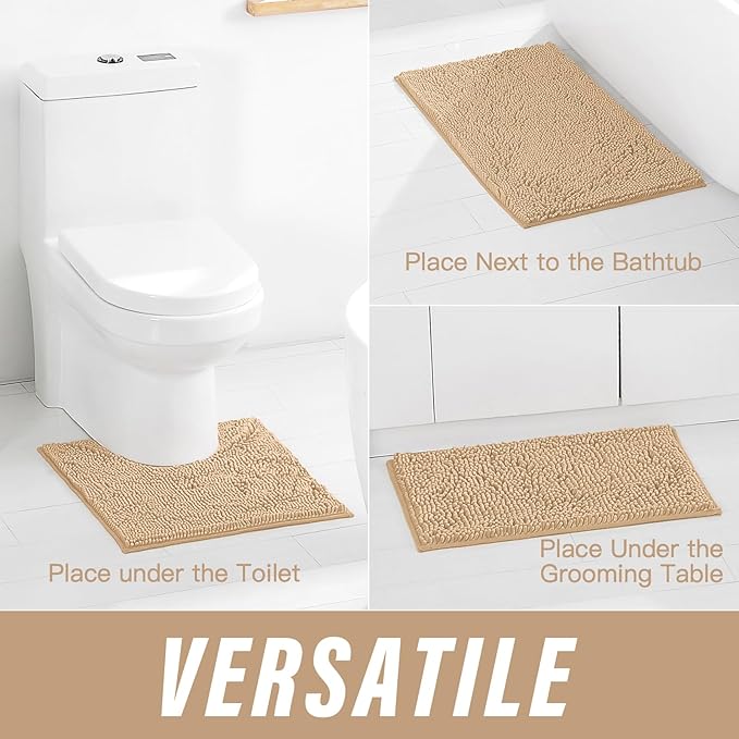 Bathroom Rugs Sets 3 Piece Washable, Luxury ,Chenille Bath Mat Set, Soft Plush Anti-Slip Rectangular Bath, Rug Super Absorbent.3 Pieces Bathroom (Camel, 32"x20"+24"x16"+U Shape 20"x20")