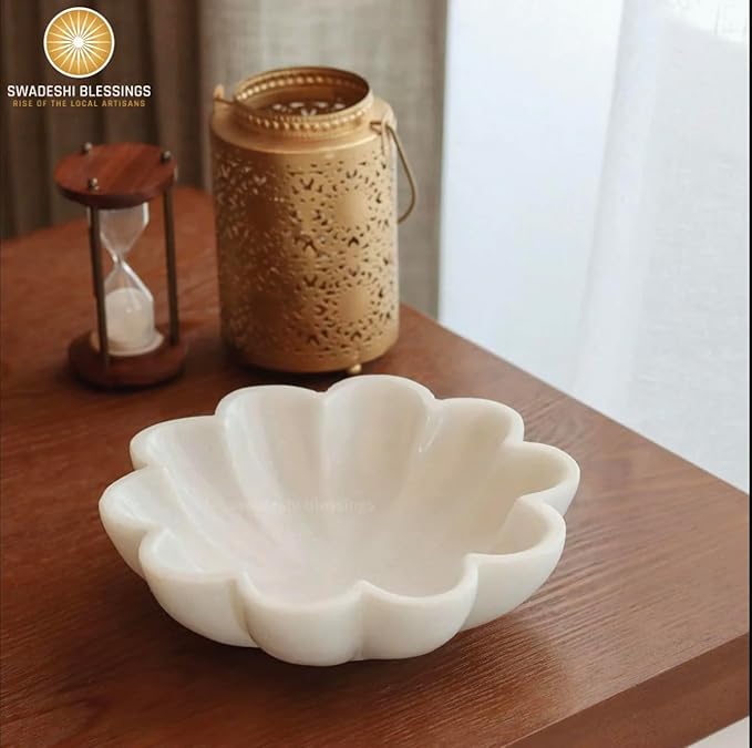 SWADESHI BLESSINGS HandCrafted Marble Decorative Bowl | White Ruffle Scalloped Fluted Key/Fruit Ring Dish | Organic Modern Home Decor (12 Inches)