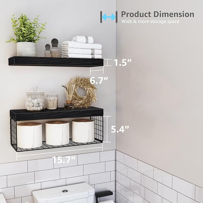QEEIG Bathroom Shelves Over Toilet - Wall Mounted Floating Shelves Toilet Paper Storage Small Farmhouse Decor Shelf 16 inch Set of 2, Black (019-B2)