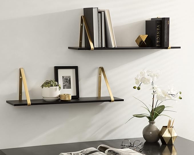Kate and Laurel Soloman Black Wooden Shelves with Gold Metal Brackets, 2 Piece Set