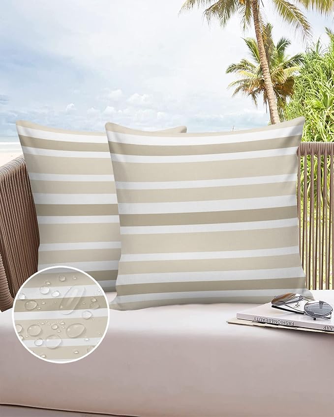 Outdoor Waterproof Throw Pillow Covers Set of 2 Khaki Beige Stripes Decorative Outdoor Pillows Cushion Case 26x26 Inch Classic Striped Patio Pillows for Couch Sofa Bed Garden Office Home Decor