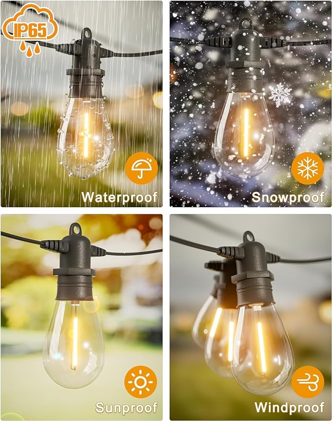 50FT LED Outdoor String Lights with 15 Edison Shatterproof IP65 Waterproof Bulbs, 2700K Dimmable Commercial Grade Patio Lights, Heavy Duty Outside Hanging Lights for Garden Porch Deck Decor