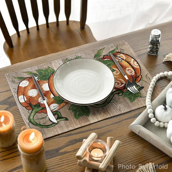 Artoid Mode Polka Dot Pumpkins Vine Thanksgiving Placemats Set of 4, 12x18 Inch Seasonal Fall Table Mats for Party Kitchen Dining Decoration