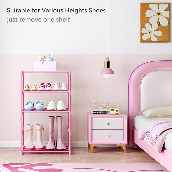 3-Tier Free Standing Shoe Racks for 5-7 Pairs Shoe Storage,Kids Shoe Racks for Small Place, Lightweight Stackable Shoe Shelf Organizer for Entryway, Doorway and Closet,Pink