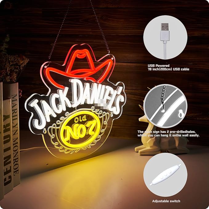 Cowboy hat Whiskey Neon Sign Whiskey LED Light for wall decor USB Powered Dimmable Bar Wall Decor for Man Cave Home Pub