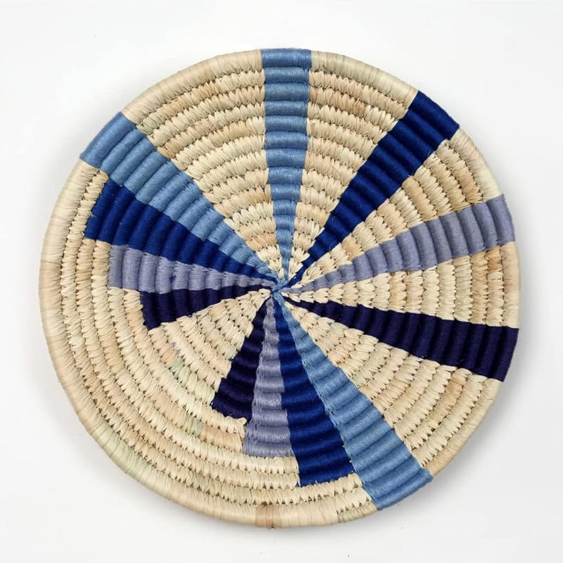 Set of 3 Round Boho Hanging Wall Basket Home Decor for Bedroom, Kitchen, Farmhouse Handmade Decorative Unique Indian Wall Decor Woven Wicker Baskets Christmas Gifting (Blue, Modish)