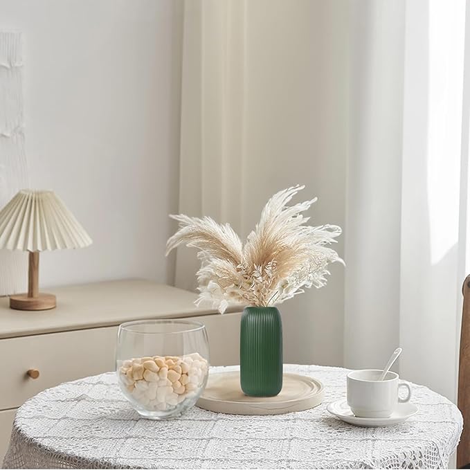 Green Ceramic Vase for Flowers, 8 INCH Modern Small Ribbed Textured Green Flower Vase for Home Decor, Pampas Grass, Decorative, Farmhouse, Coffee Table, Bookshelf and Home Living