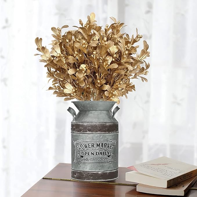 Christmas Artificial Flowers, Golden Leaves Branches Plants Fake Berry Plant Decor for Wedding Bridal Bouquet Party Indoor Outdoor DIY Home Table Centerpieces Arrangements Decoration - Gold 3 Pack