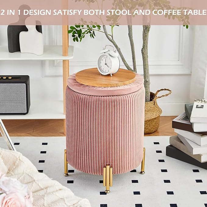 Mxfurhawa Round Ottoman Foot Stool with Storage and Metal Legs for Living Room Bedroom, Velvet Upholstered Footrest Stool Support 300lbs Modern Padded Seat Ottoman Coffee Table (Dusty Rose)