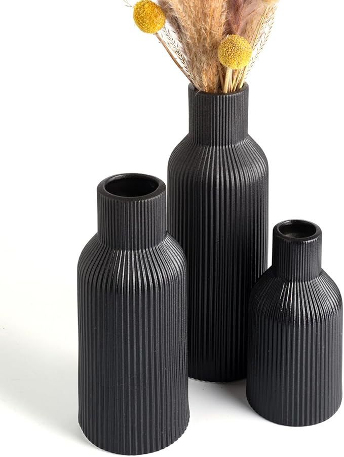 Black Ceramic Vases Set of 3,Farmhouse Decor, Home Decor, Pampas Grass Vases for Kitchen, Bedroom, Office, Living Room, Bathroom, Wedding, Entryway, Table Centerpieces, Gifts Women Mom