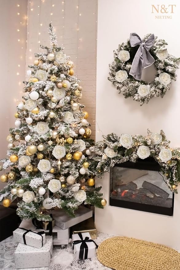N&T NIETING Artificial Flowers Glitter Roses Flowers 25pcs White Foam Shiny Roses Real Looking Fake Roses with Stem for DIY Wedding Bouquets Centerpieces Bridal Shower Party Home Decorations