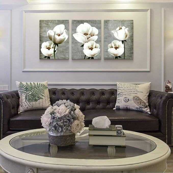 Living Room Wall Decor Canvas Wall Art For Bedroom Bathroom Wall Painting Artwork Gray Green Vintage Style White Flowers Abstract Pictures Wall Decorations For Kitchen 3 Panels Modern Family Decor