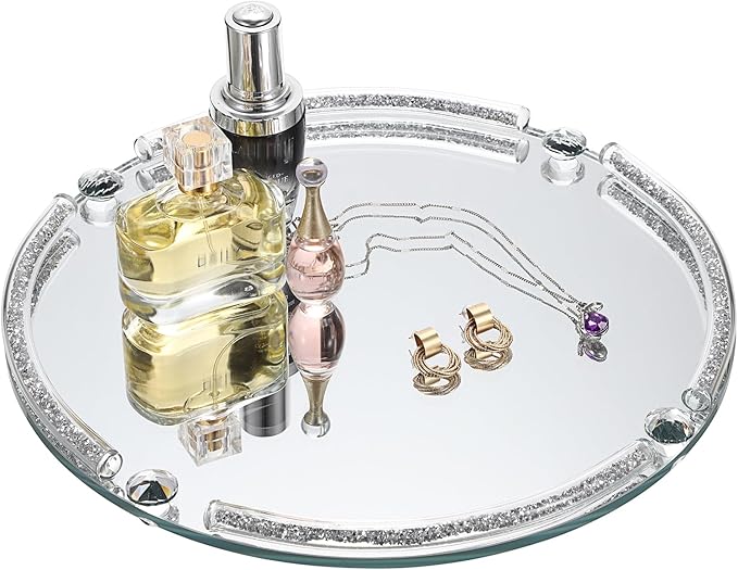 Hipiwe Glass Mirrored Tray, 11.8" Round Mirror Decorative Tray with Crushed Diamond Design for Jewelry, Cosmetics, Bathroom Countertop Makeup Organizer