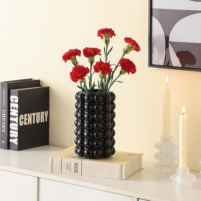 Black Bubble Vase, Ceramic Vase, Flower Vase, Boho Vase, Tall Ceramic Vase, Vase for Decor, Modern Ceramic Vase for Living Room, Dinner Table, Bedroom, Wedding, Fireplace Mantel, 8.5 Inches