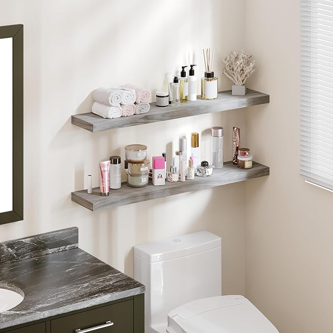 BAMEOS Floating Shelves,40 in W x 8in D Wall Mounted Wooden Shelves with Invisible Brackets Set of 2, Hanging Wall Shelves Decoration for Bedroom, Bathroom, Living Room and Kitchen