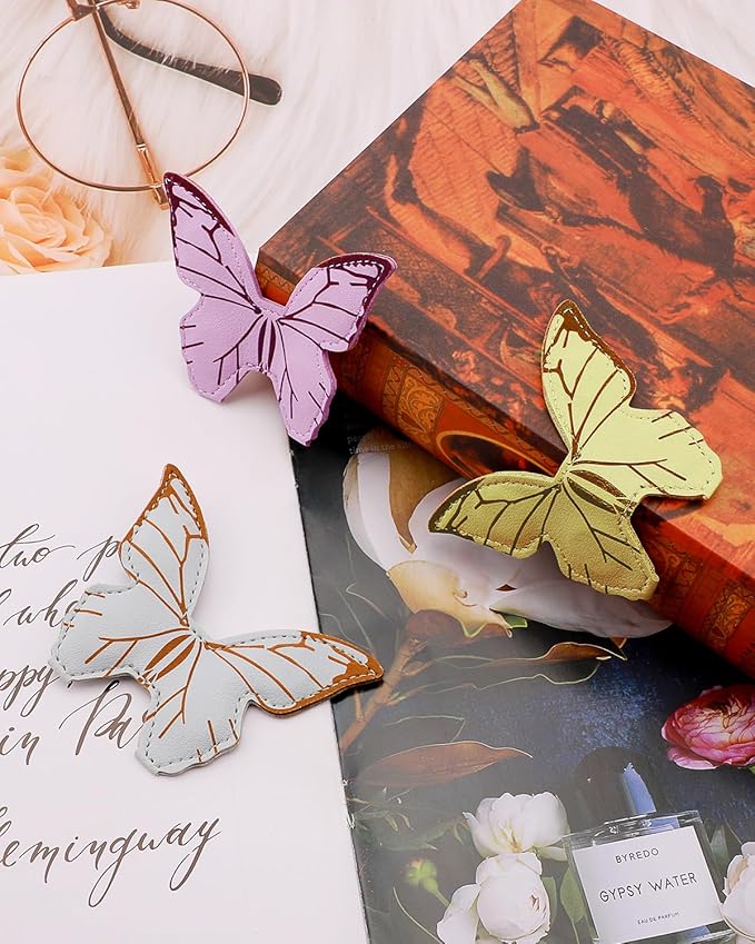 Leather Magnetic Bookmark, 3Pcs Butterfly Bookmarks, Magnet Bookmark Clips Gift for Women, Kids, Reading Lovers, Teacher Gift for School Office Home Supplies (Purple+Green+Blue)