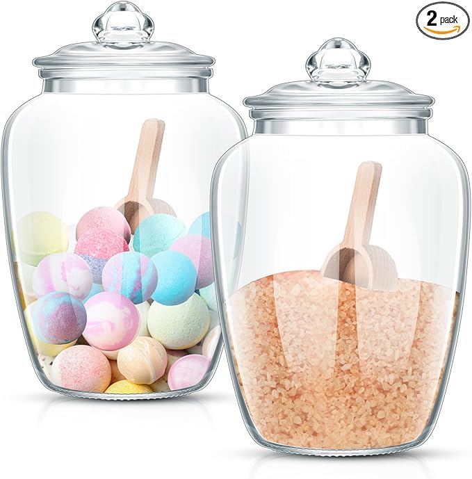 2 Sets 74 oz Bath Salt Container with Airtight Lid and Scoop Big Glass Jar with Wooden Scoop for Bath Flour Salt Candy Tea(Clear)
