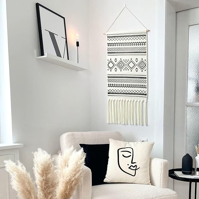 Dremisland Macrame Woven Wall Hanging Tapestry- Boho Chic Bohemian Home Decor Geometric Art Decor Boho Backdrop - Beautiful Apartment Dorm Room Door Decoration, 17.7" W x 32" L (Sendia-Black)
