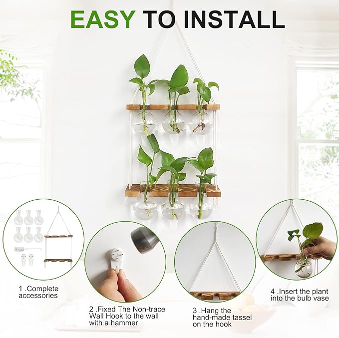 Plant Propagation Station Wall Hanging, Plant Terrarium with 2 Tiered Wooden Stand for Hydroponics Plants, Unique Gardening Gifts for Women Mom Plant Lovers - 6 Bulb Glass Vases