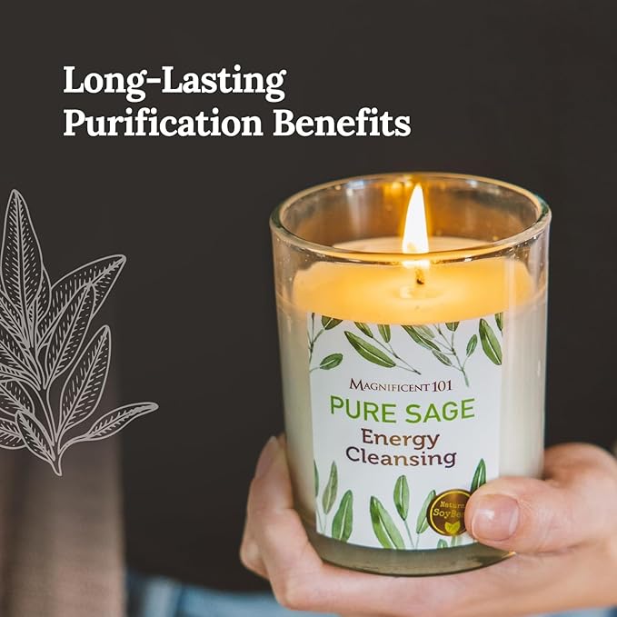 Magnificent 101 Set of 3 Long Lasting Pure Sage Smudge Candles - 42-Hour Burn, 3.5 Oz Each, Soy Wax, Sage Cleansing for House Energy, Meditation & Manifestation