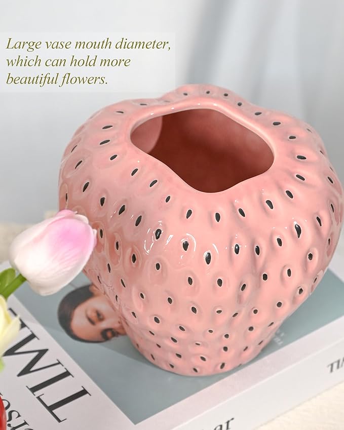DN DECONATION Pink Strawberry Vase for Flower, Strawberry Shaped Planter Pot for Girls, Unique Ceramic Fruit Vases for Strawberry Party Kitchen Decorations, for Mom&Grandma
