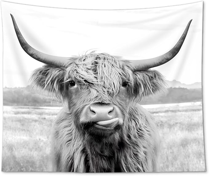 AMBZEK Highland Cow Tapestry, 51Hx59W Inch, Funny Western Decor, Wall Art for Bedroom, Dorm, Living Room