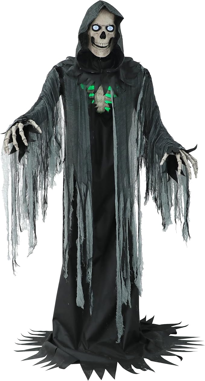 Haunted Hill Farm Motion-Activated 10-Ft. Tall Towering Reaper, Plug-in Talking Scare Prop Animatronic with Spooky Sound Effects and Lights for Indoor or Covered Outdoor Creepy Halloween Decoration