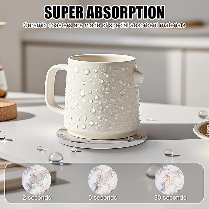 Coasters for Drinks Set of 8, Absorbent Abstract Sand Marble with Metal Golden Holder, Ceramic Coaster Set Cup Mat for Home Decor, Bar, Kitchen, Party