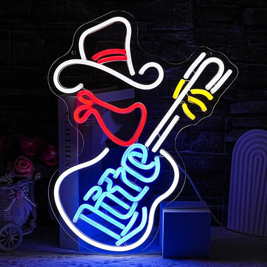 Cowboy Hat Neon Sign for Wall Decor Guitar Neon Light Beer Bar Sign Music Neon Signs LED Sign Neon Lights for Wall Art LED Neon for Home Bar Pub Shop Party Bar Led Sign(16.5"*12.9")